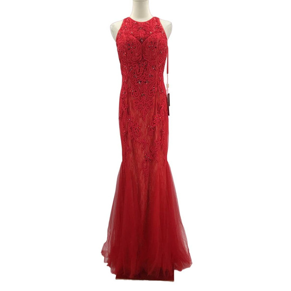 ASPEED SZ L red illusion sweetheart embroidered beaded lace gown dress NWT B163 - Picture 2 of 10